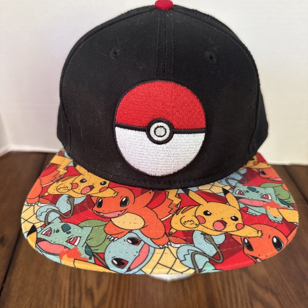 Pokemon Pokeball Snapback Hat Pikachu Character Collage Flat Brim Adjustable Cap